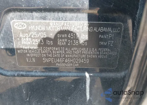 2006 Hyundai Sonata Gls V6/Lx V6 from USA, damaged, VIN 5NPEU46F46H029459